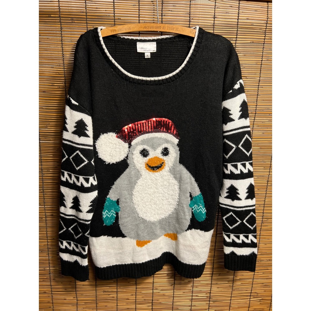 Allison Brittney Large Penguin Sweater Sequin Santa Hat Black White Knit